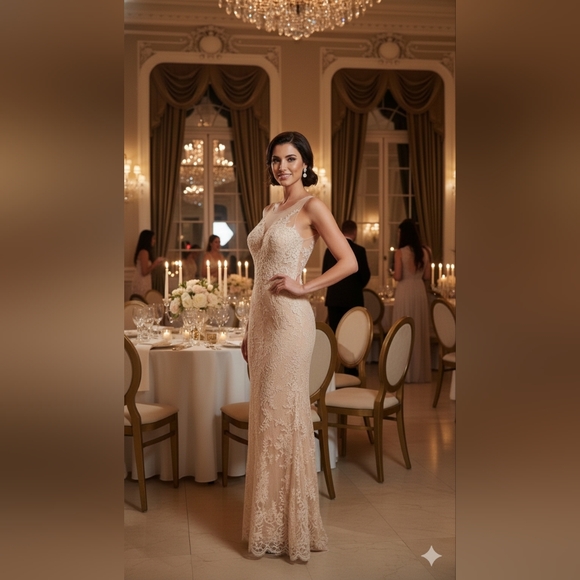 NWT Vintage Size 16 Nina Canacci Nude Floral Lace Sheath Gown - Picture 2 of 7